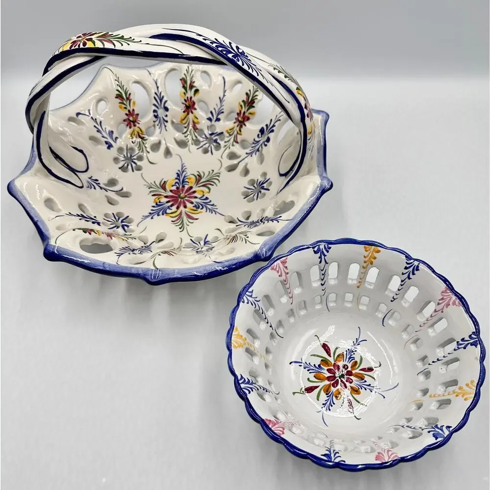 RCCL Ceramic Hand Painted Floral Fruit Basket Braided Handle & Bowl Set Portugal
